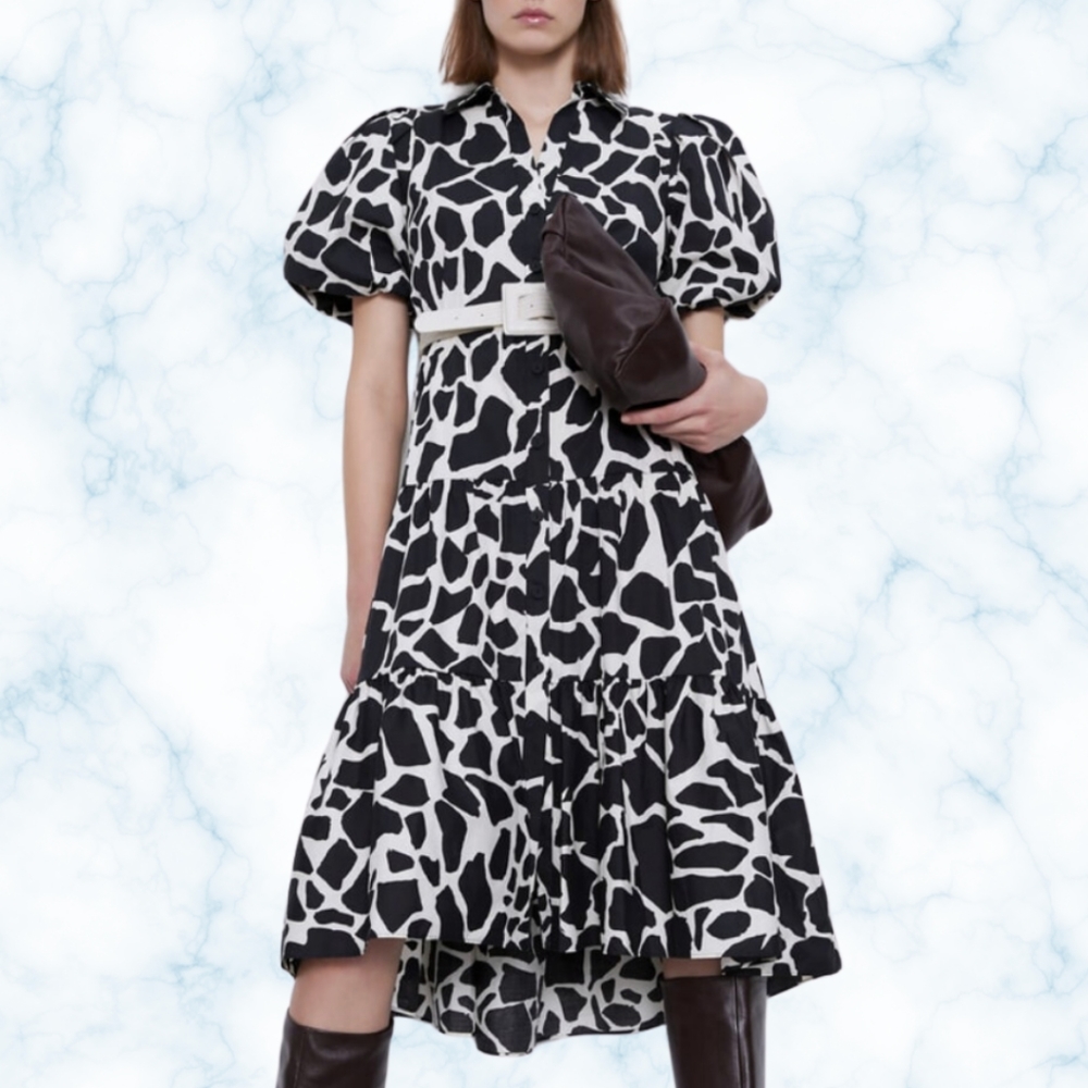 NWT Zara Giraffe Animal Print Midi Dress XL Black White Button Up Puff Sleeve